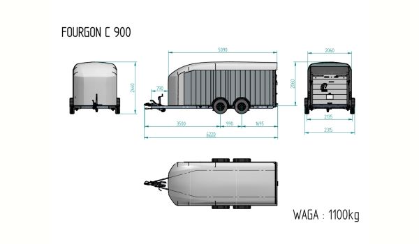 DB-90C przyczepa 509x206x206cm, furgon C900 + DRZWI BOCZNE, do przewozu samochodów, quadów, DMC 3500kg