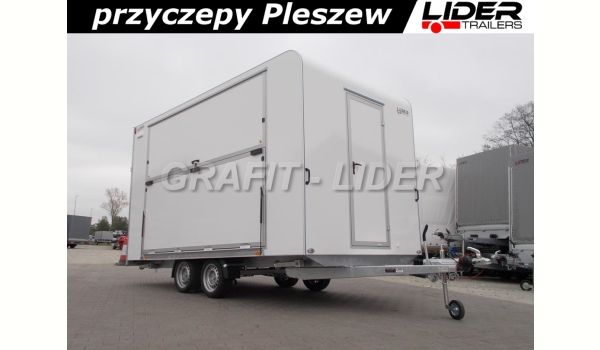 TP-066. przyczepa wystawowa TWSP 470T.01, 470x220x217cm, furgon izolowany, sandwich, klapa boczna, schody, drzwi, DMC 2700kg
