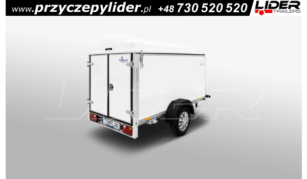 TP-115 przyczepa 210x120x150cm,furgon sklejkowy z pokrywą poliestrową POLY CARGO TFDL 210.00, DRZWI TYLNE 2 SKRZYDŁOWE DMC 750kg