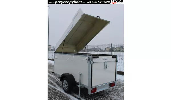 TP-116 przyczepa 210x120x150cm,furgon sklejkowy z pokrywą poliestrową POLY CARGO TFDL 210.01, RAMPA WJAZDOWA, DMC 750kg